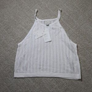 A New Day Cream Pointelle Knit Halter Tank Top Sleeveless Crochet Medium NWT